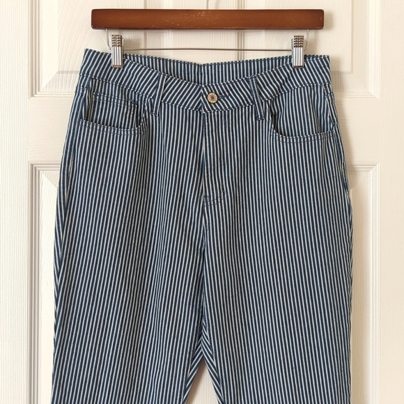 Boho Chic Pinstriped High Waisted Fit & Flare Raw Hem Denim Jeans Blue White L - Picture 2 of 14